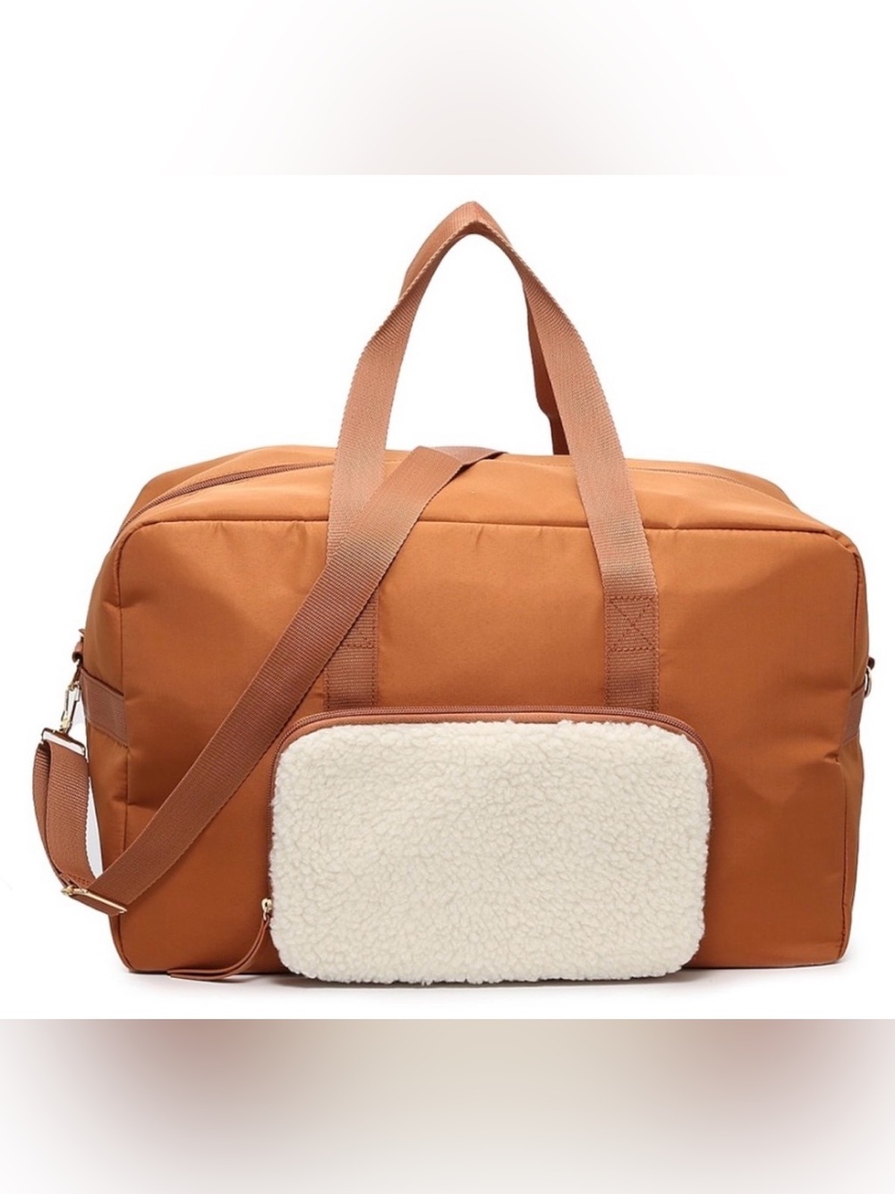 DSW Cognac Travel Duffle with Cream Sherpa Pouch - Picture 4 of 9
